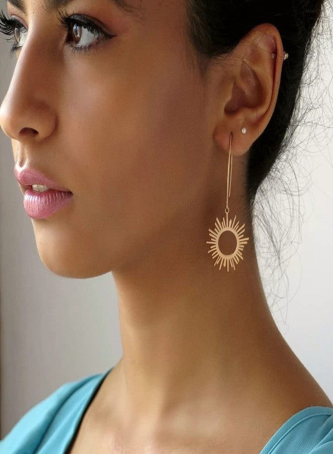 POTESSA Geometric Drop Dangle Earrings BOHO Statement Long Hoop 18K Gold Plated Sun Earrings for Women - Image 2